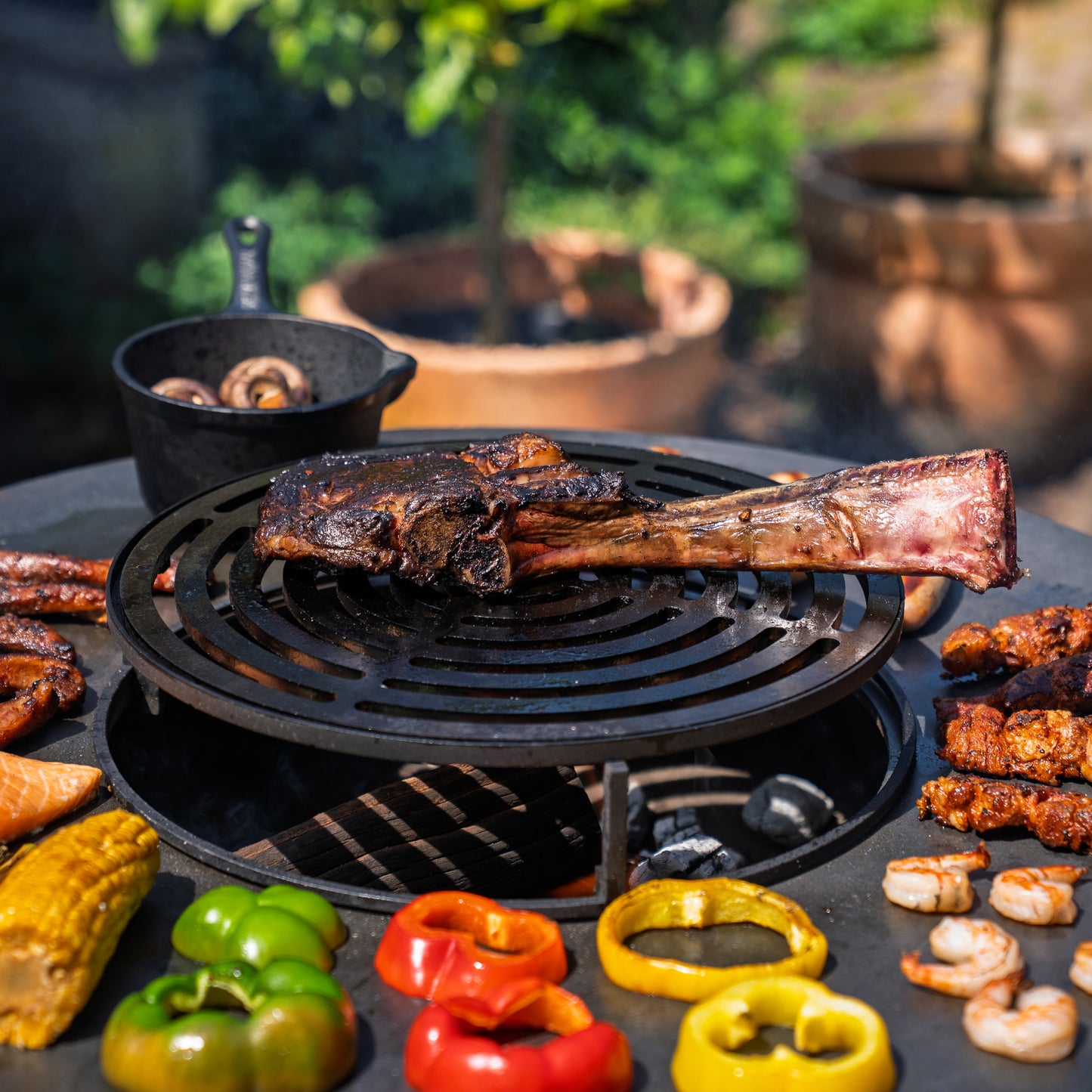 BBQ Plancha Grill Hermano XXL Corten steel Blackline - With poker and wood storage Ø80cm 8mm